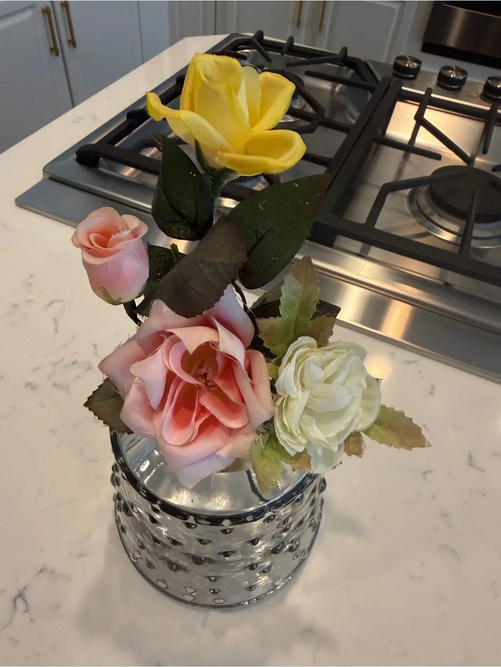 Faux Rose Floral Arrangement Textured Glass Vase Gold Rim Cottage Decor